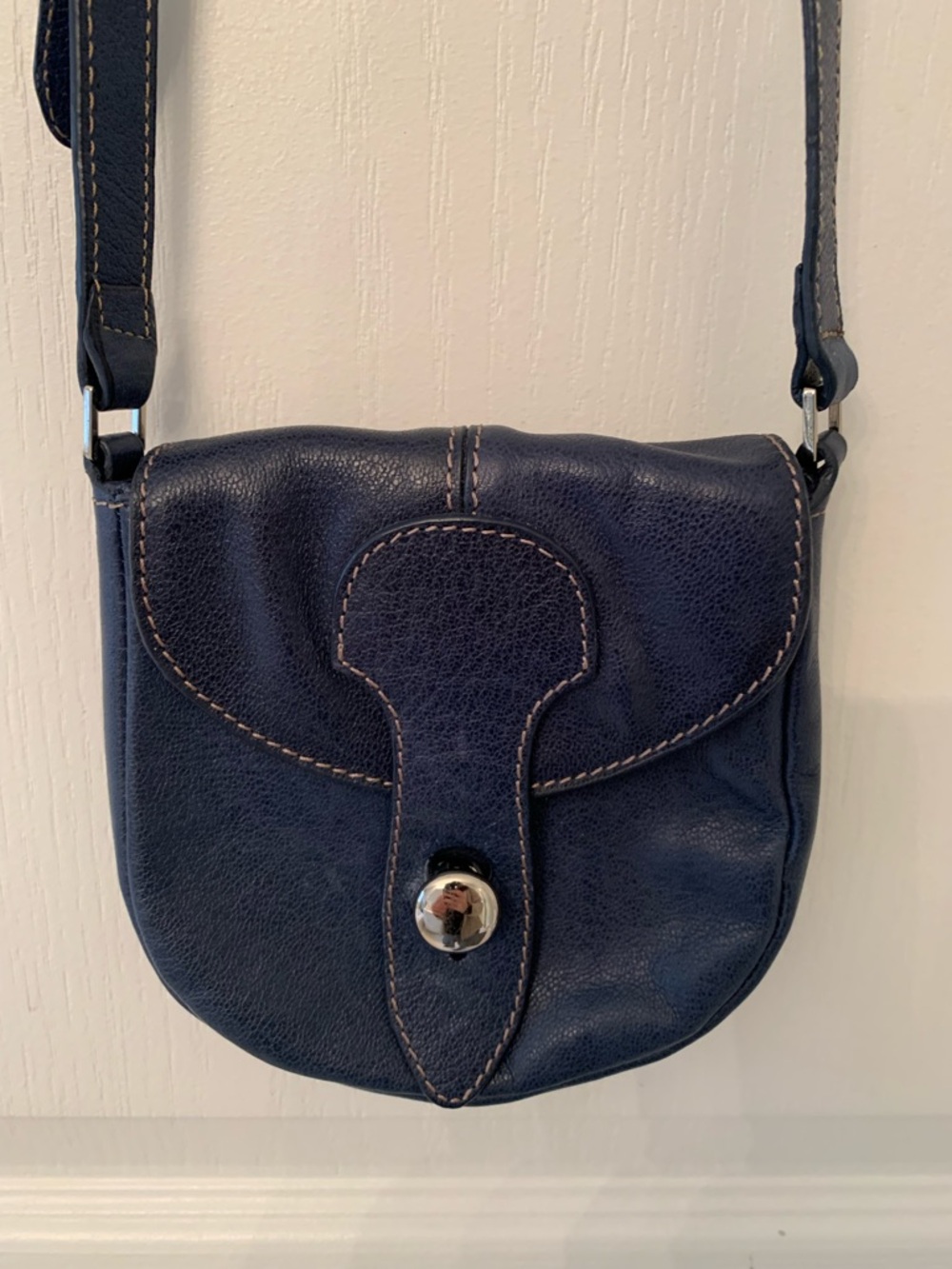 Classic Navy Leather Crossbody with Silver Tone Front Closure